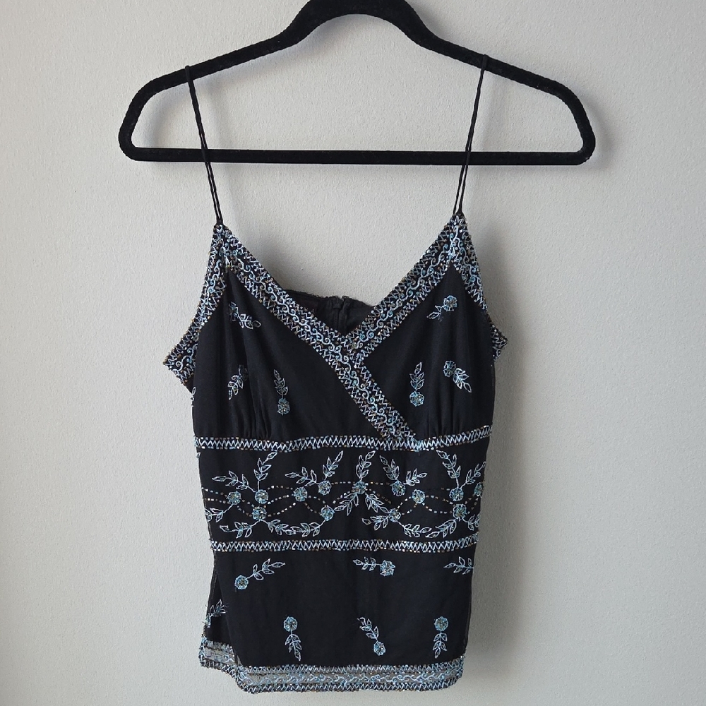 Vintage MARINA Black Camisole with Blue‎ And Gold Floral Beading Womens Large